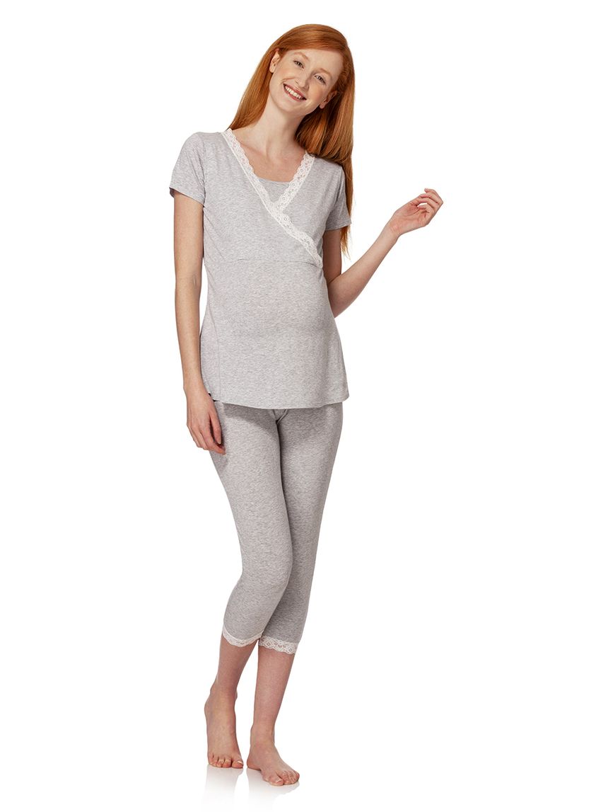 γυναικεία πιτζάμα εγκυμοσύνης/θηλασμού γκρι με δαντέλα 627339 - Prénatal