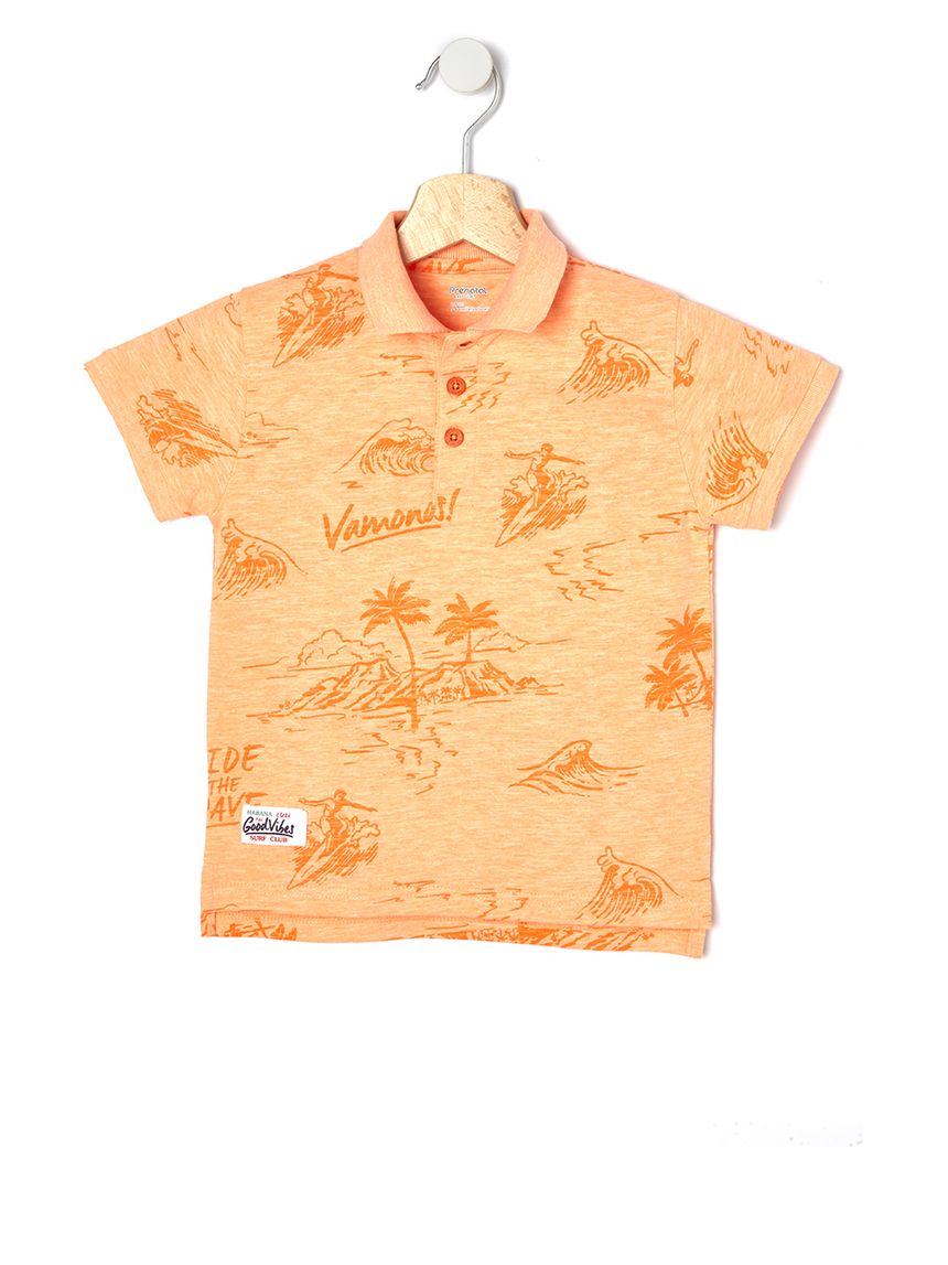 T-shirt πόλο πικέ πορτοκαλί με στάμπα για αγόρι - Prénatal