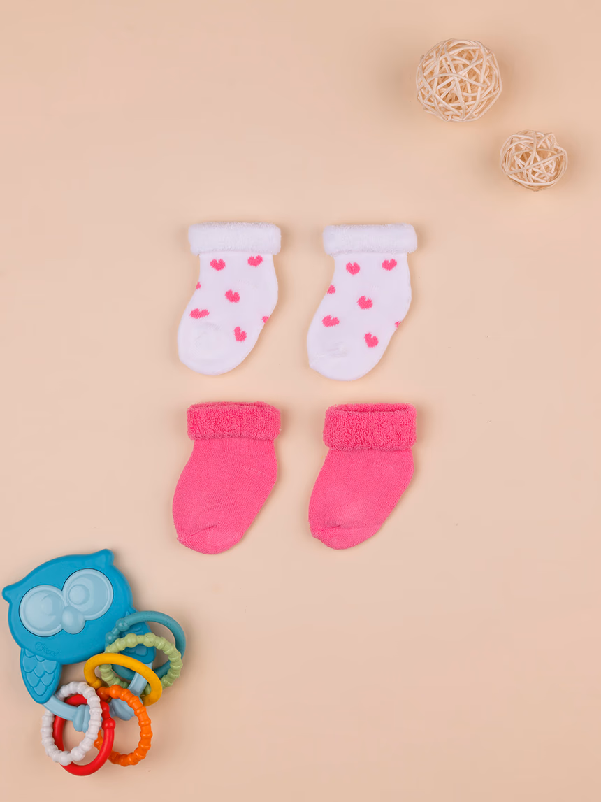 βρεφικές κάλτσες πετσετέ με καρδούλες πακέτο χ2 για κορίτσι - Prénatal