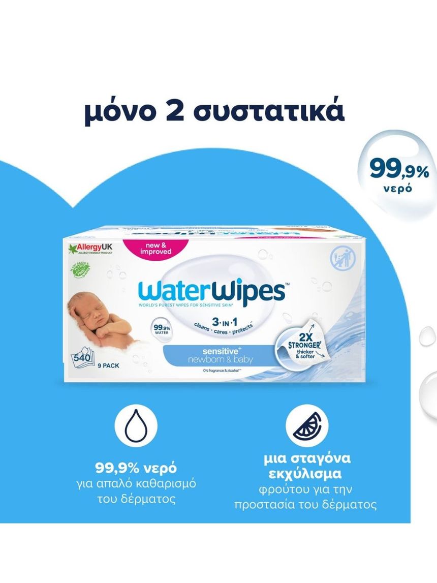 Waterwipes βιοδιασπώμενα μωρομάντηλα 540τμχ (9x60) ib/420037 - WaterWipes