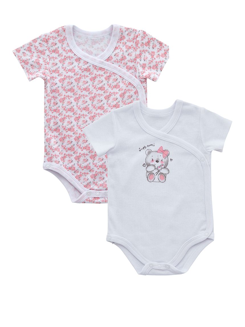 βρεφικά κορμάκια κοντομάνικα πακέτο x2 τμχ λουλουδάκια/αρκουδάκι για κορίτσι - Prénatal