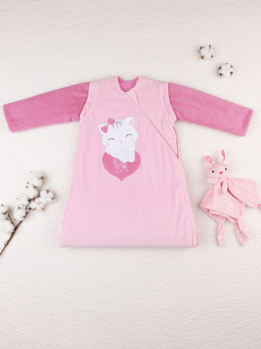 βρεφικός υπνόσακος σενίλ χειμερινός ροζ με γατάκι 3.5 tog για κορίτσι - Prénatal