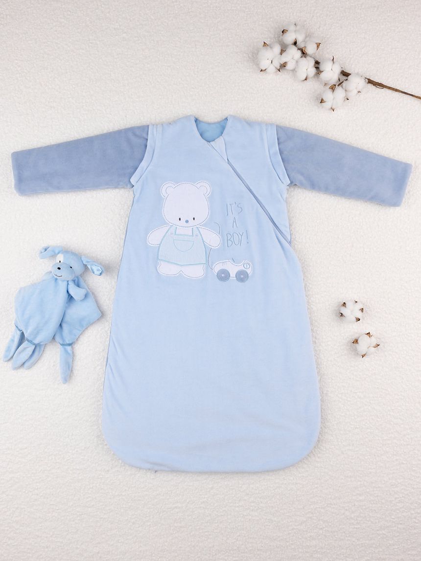 βρεφικός υπνόσακος σενίλ χειμερινός γαλάζιος με αρκουδάκι 3.5 tog για αγόρι - Prénatal