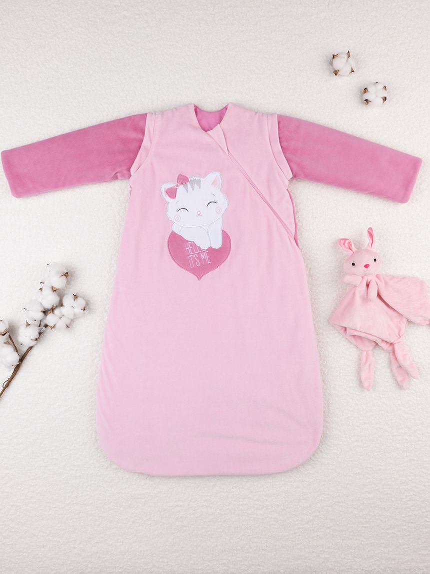 βρεφικός υπνόσακος σενίλ χειμερινός ροζ με γατάκι 3.5 tog για κορίτσι - Prénatal