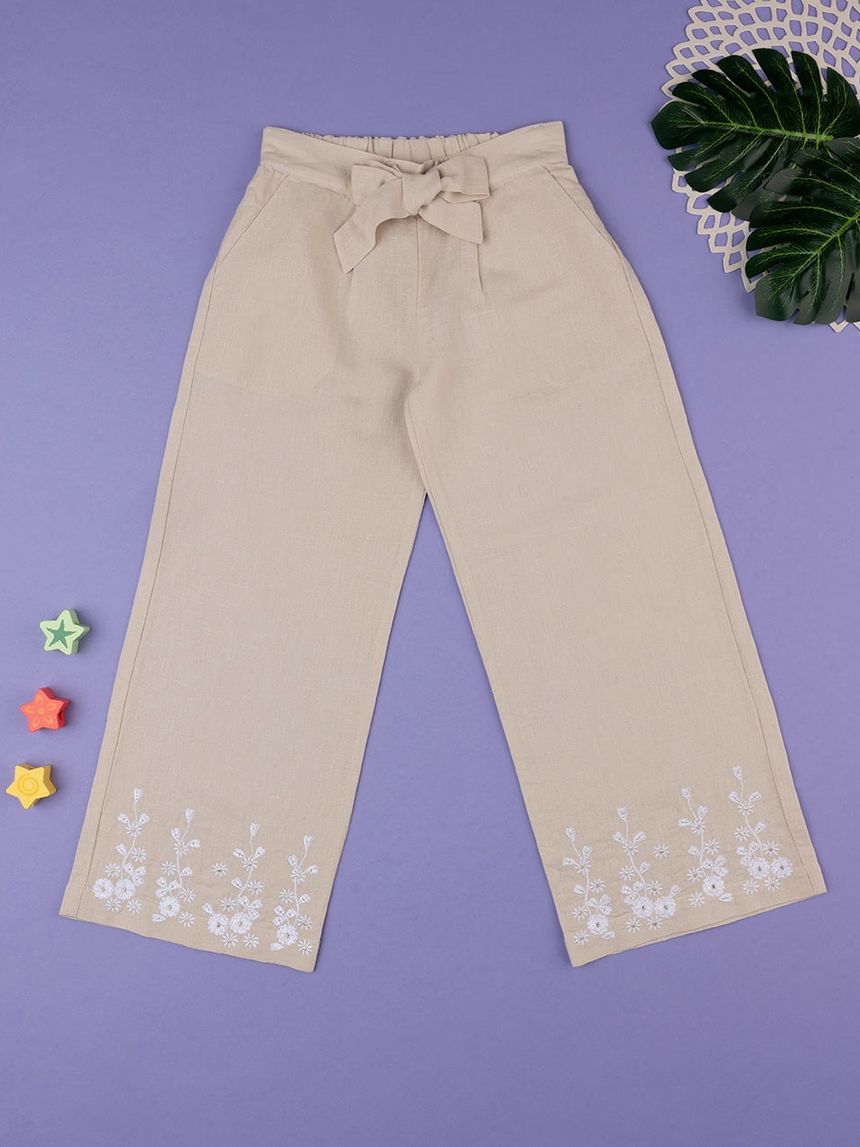 παιδικό λινό παντελόνι μπεζ με λουλούδια για κορίτσι - Prénatal
