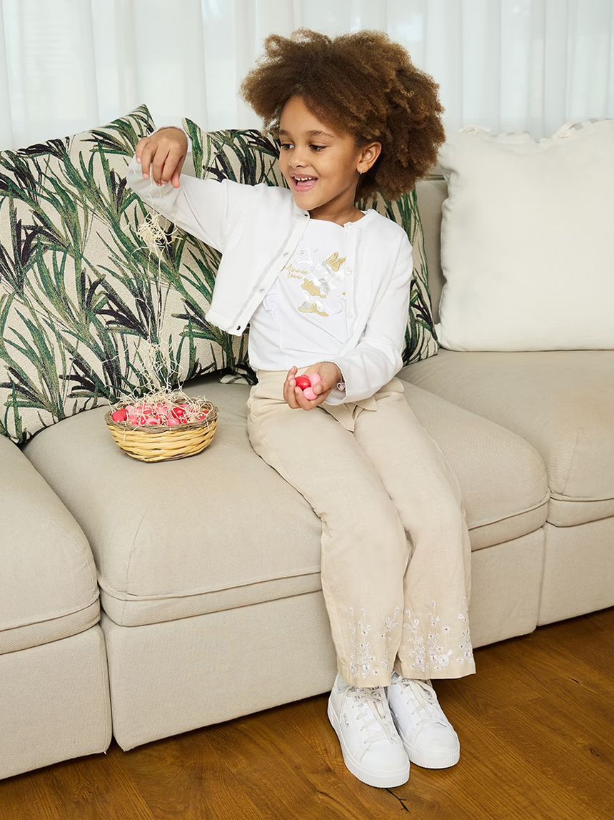 παιδικό λινό παντελόνι μπεζ με λουλούδια για κορίτσι - Prénatal