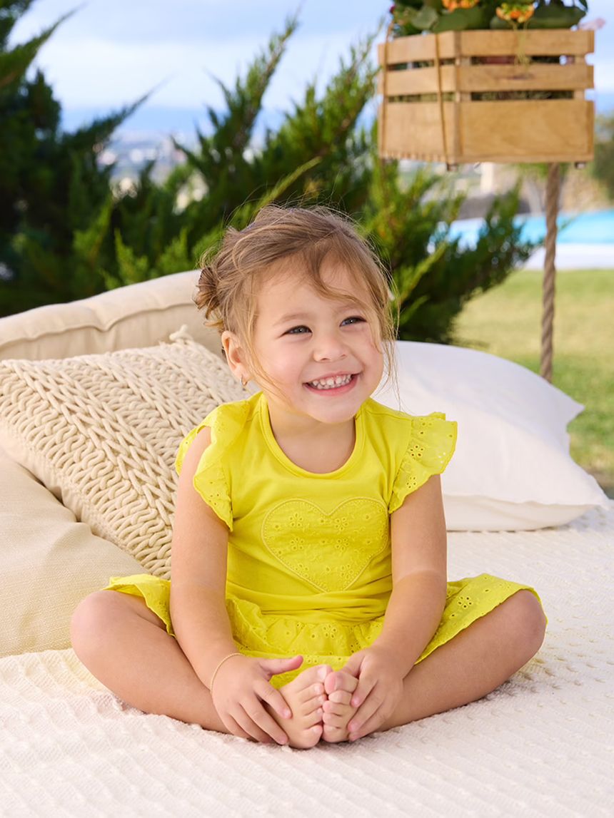 βρεφικό φόρεμα κίτρινο καρδιά με δαντέλα sangallo για κορίτσι - Prénatal