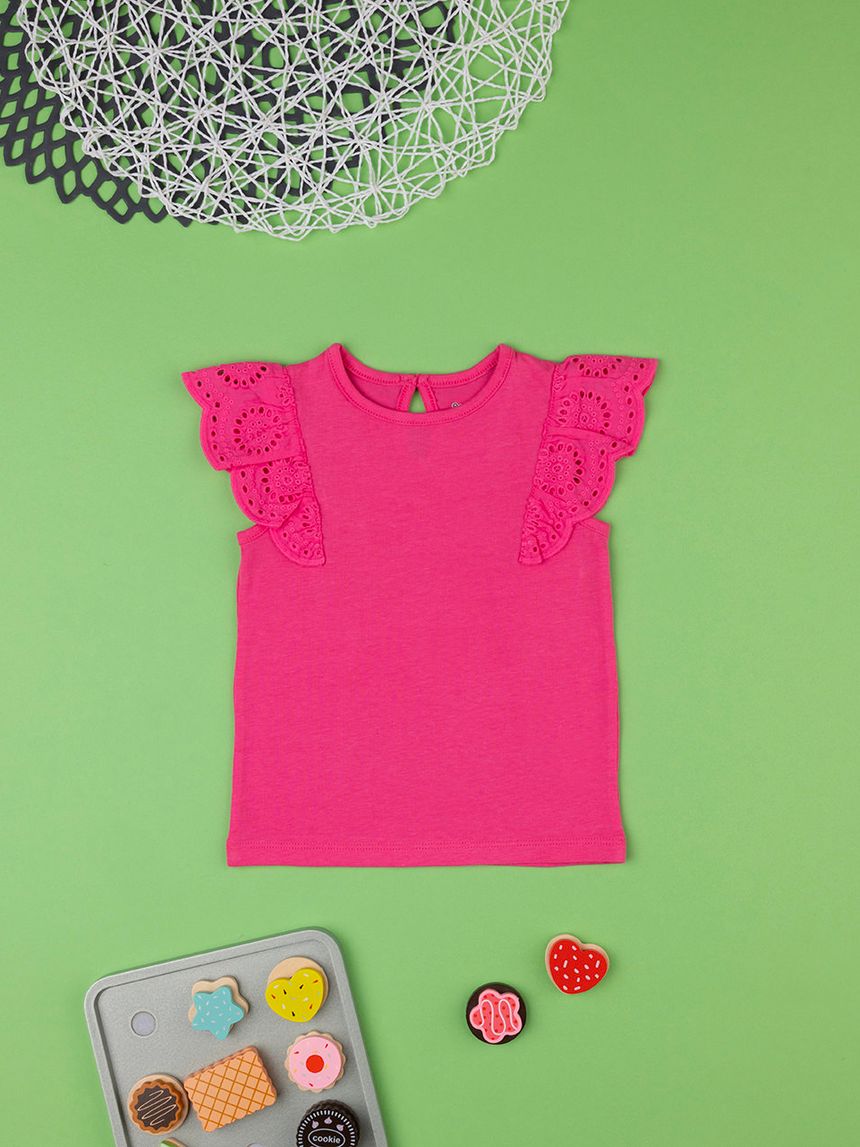 βρεφικό t-shirt φούξια με δαντέλα sangallo για κορίτσι - Prénatal