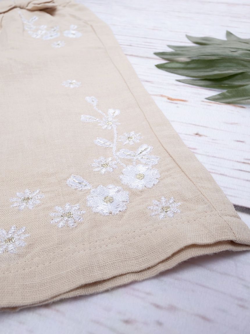 βρεφικό παντελόνι λινό μπεζ με λουλούδια για κορίτσι - Prénatal