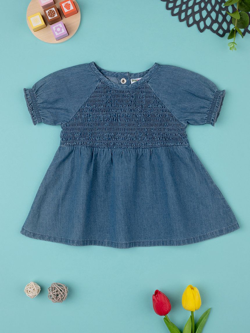 βρεφική τζιν μπλούζα μπλε με σφηκοφωλιά για κορίτσι - Prénatal