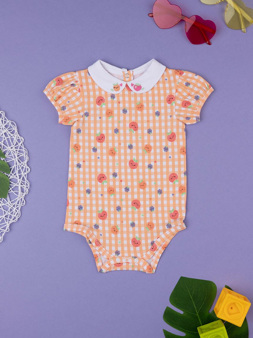 βρεφικό κορμάκι καρό πορτοκαλί με φρούτα για κορίτσι - Prénatal