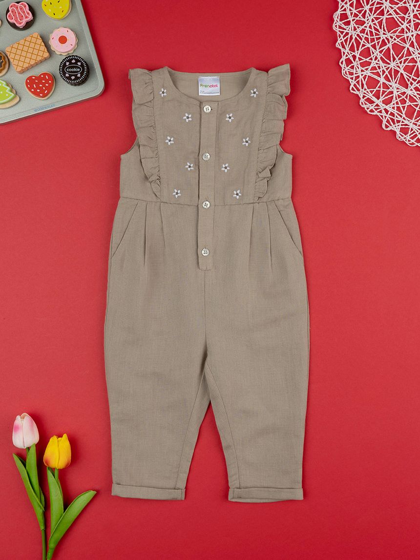 βρεφική σαλοπέτα λινή καφέ με λουλούδια για κορίτσι - Prénatal