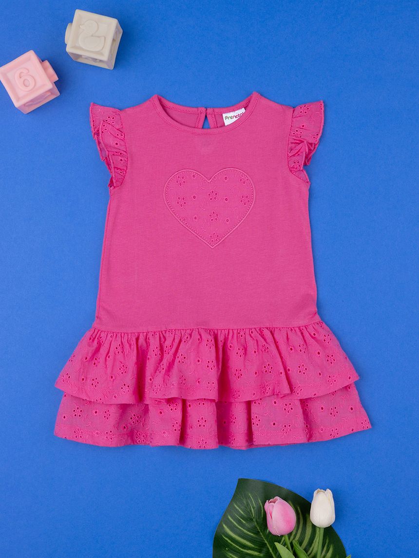 βρεφικό φόρεμα φούξια καρδιά με δαντέλα sangallo για κορίτσι - Prénatal