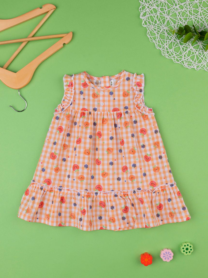 βρεφικό φόρεμα καρό πορτοκαλί με φρούτα για κορίτσι - Prénatal