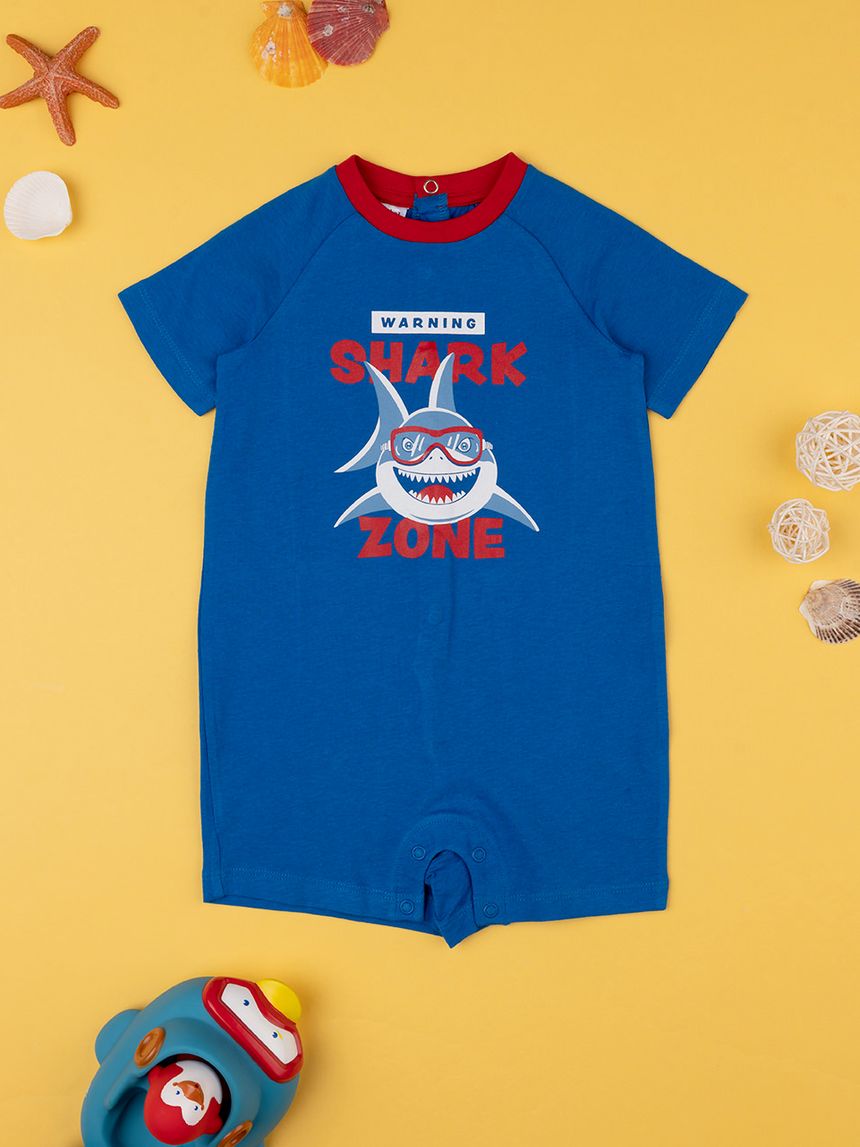 βρεφική πιτζάμα ολόσωμη κοντή μπλε με καρχαρία για αγόρι - Prénatal
