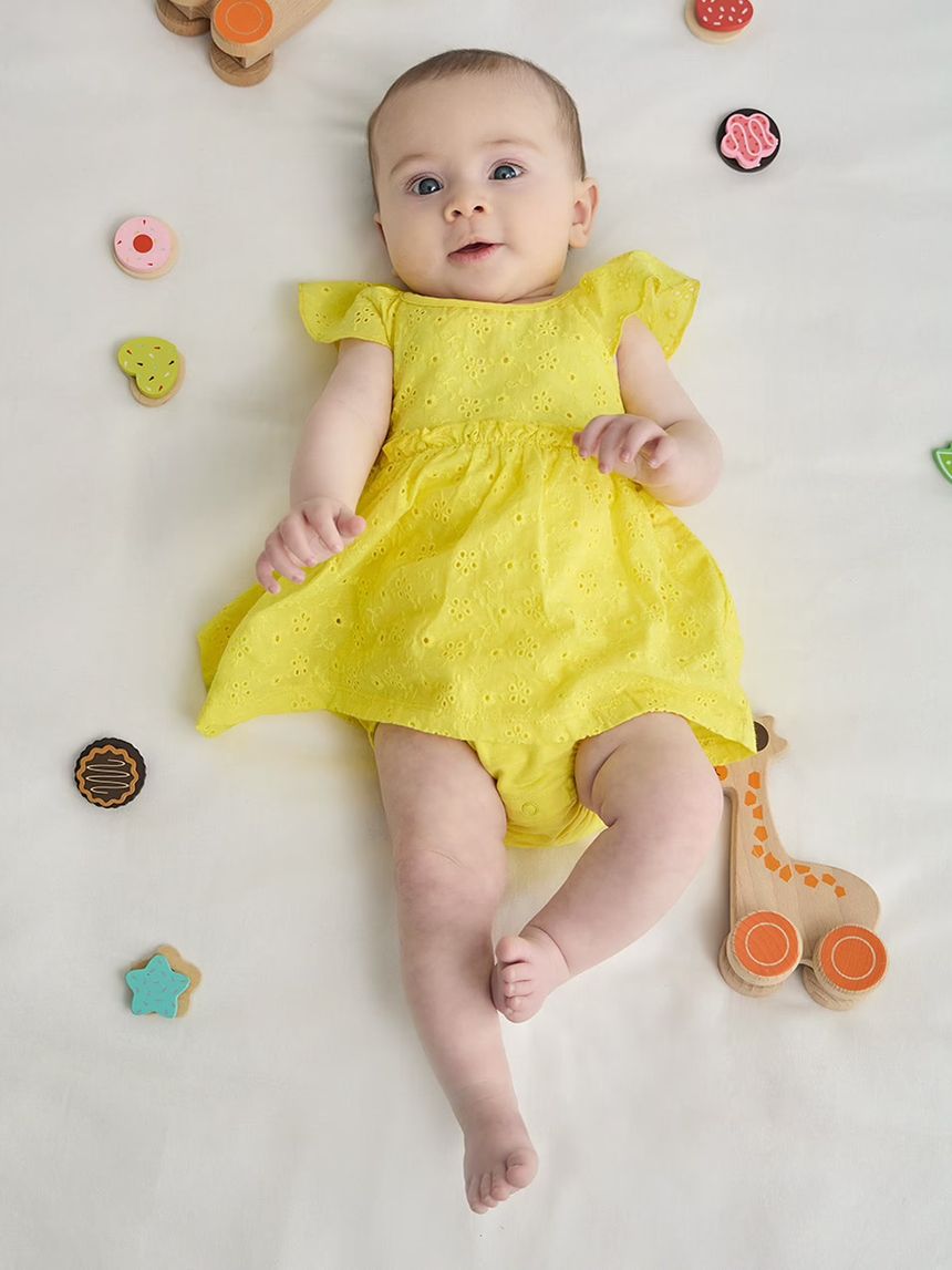 βρεφικό φορεματάκι κίτρινο δαντέλα sangallo για κορίτσι - Prénatal