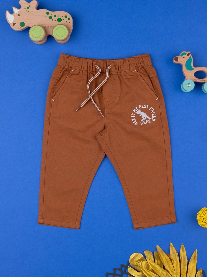 βρεφικό παντελόνι twill καφέ με δεινόσαυρο για αγόρι - Prénatal