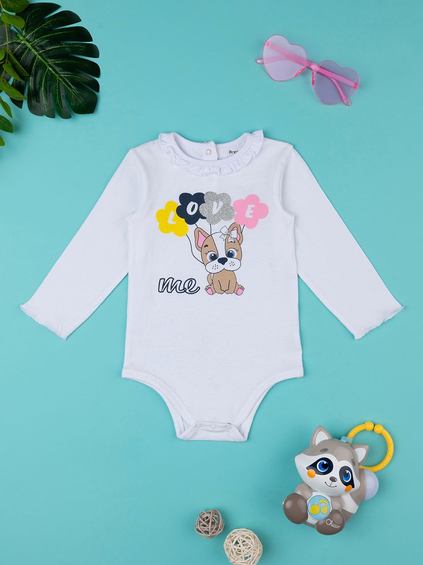 βρεφικό κορμάκι λευκό με σκυλάκι για κορίτσι - Prénatal