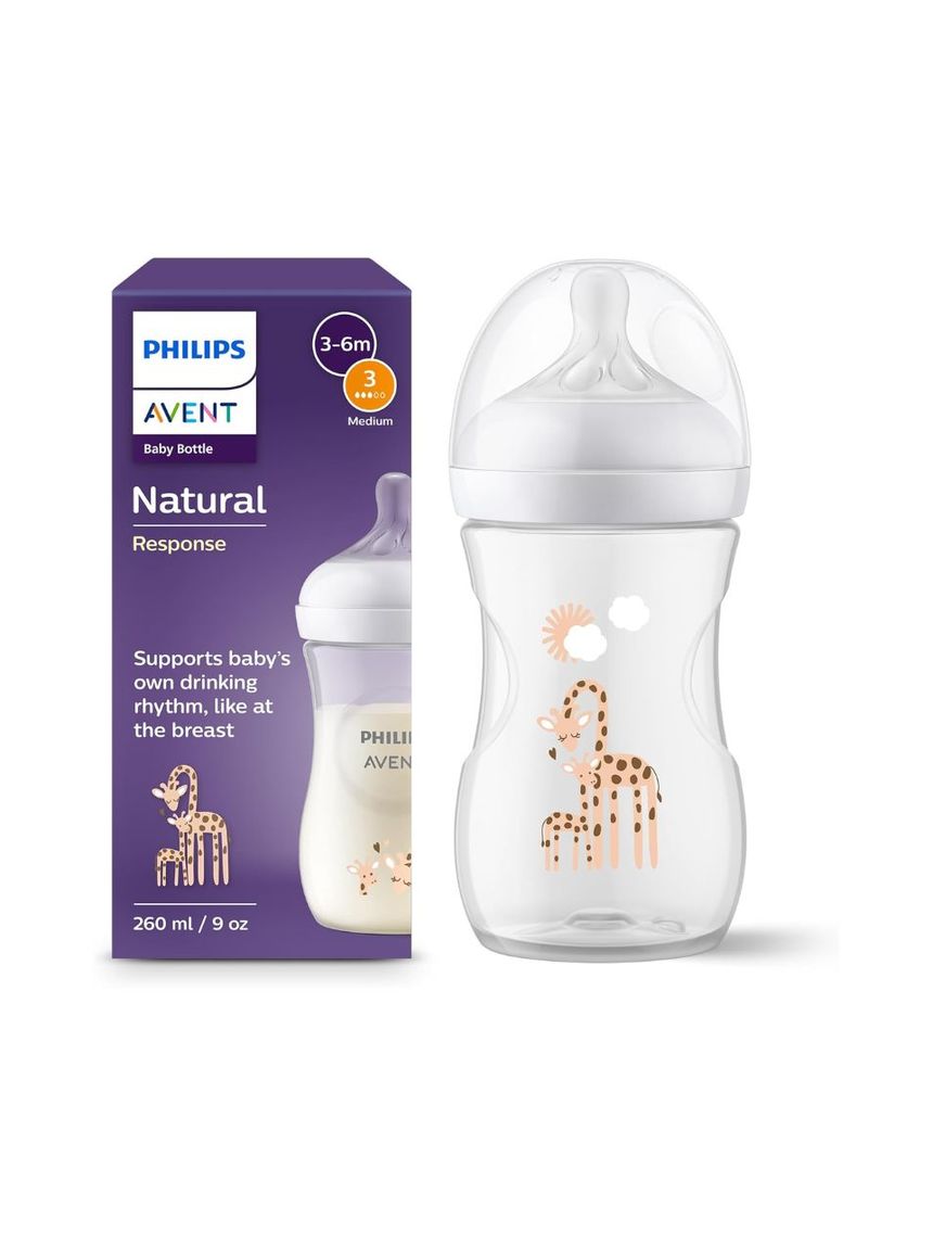 Philips avent πλαστικό μπιμπερό natural response 260ml μέτριας ροής 3-6m καμηλοπάρδαλη scy903/66 - Philips Avent