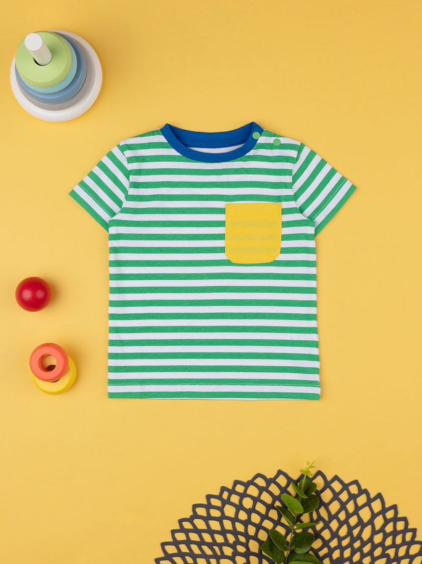 βρεφικό t-shirt ριγέ πράσινο/λευκό με τσέπη για αγόρι - Prénatal