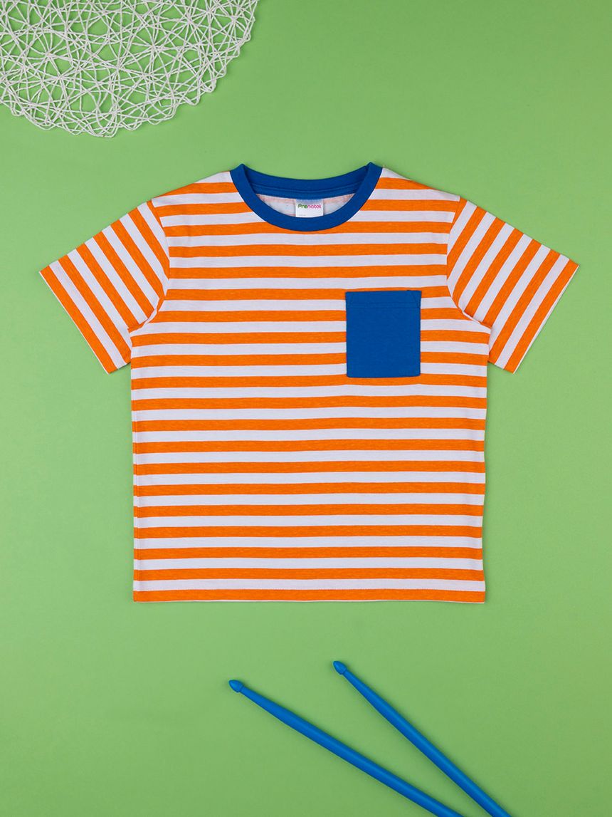 παιδικό t-shirt ριγέ πορτοκαλί/λευκό με τσέπη για αγόρι - Prénatal