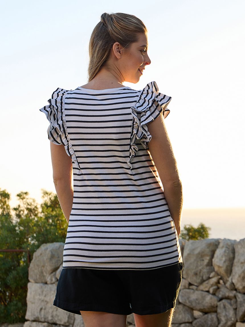 γυναικείο t-shirt εγκυμοσύνης/θηλασμού ριγέ λευκό/μαύρο με βολάν - Prénatal