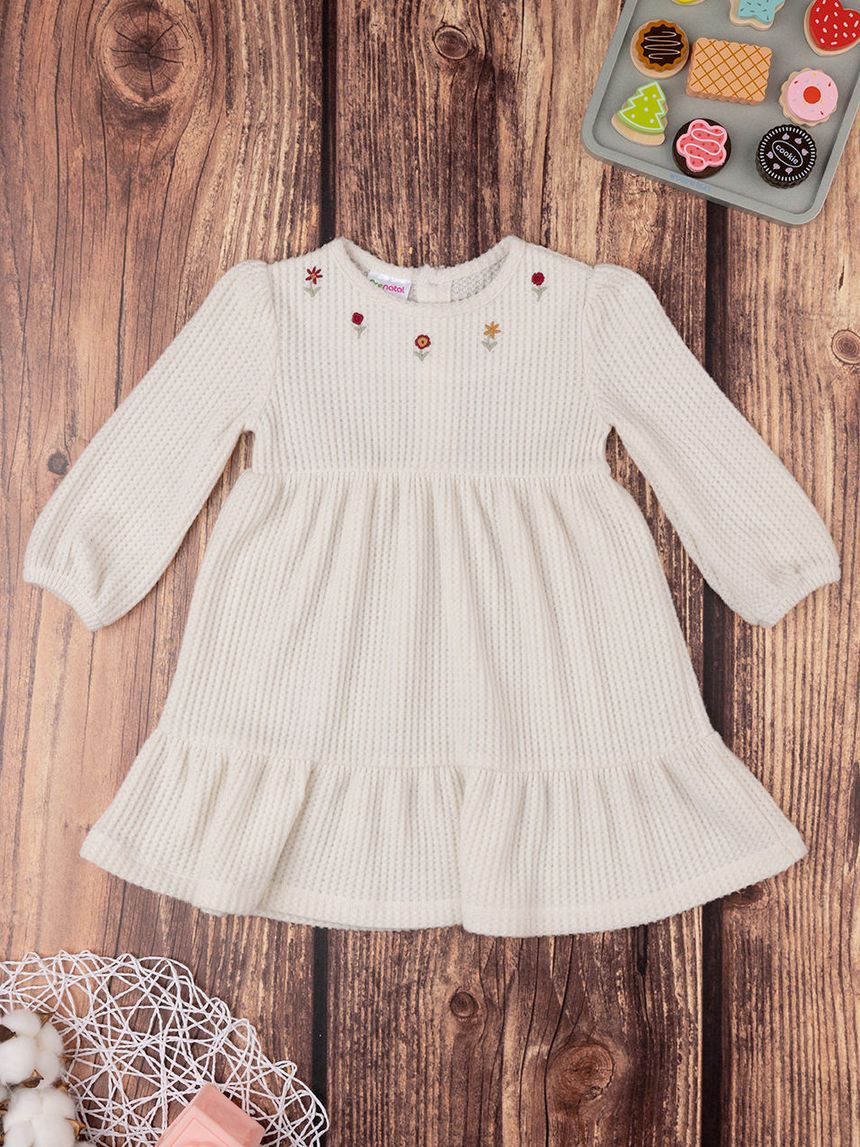 βρεφικό φόρεμα γκοφρέ κρεμ με λουλούδια για κορίτσι - Prénatal