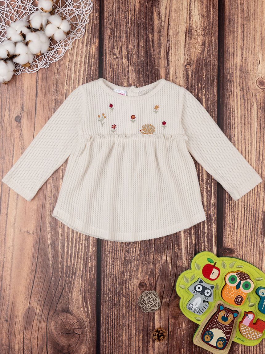 βρεφική μπλούζα γκοφρέ κρεμ με λουλούδια για κορίτσι - Prénatal