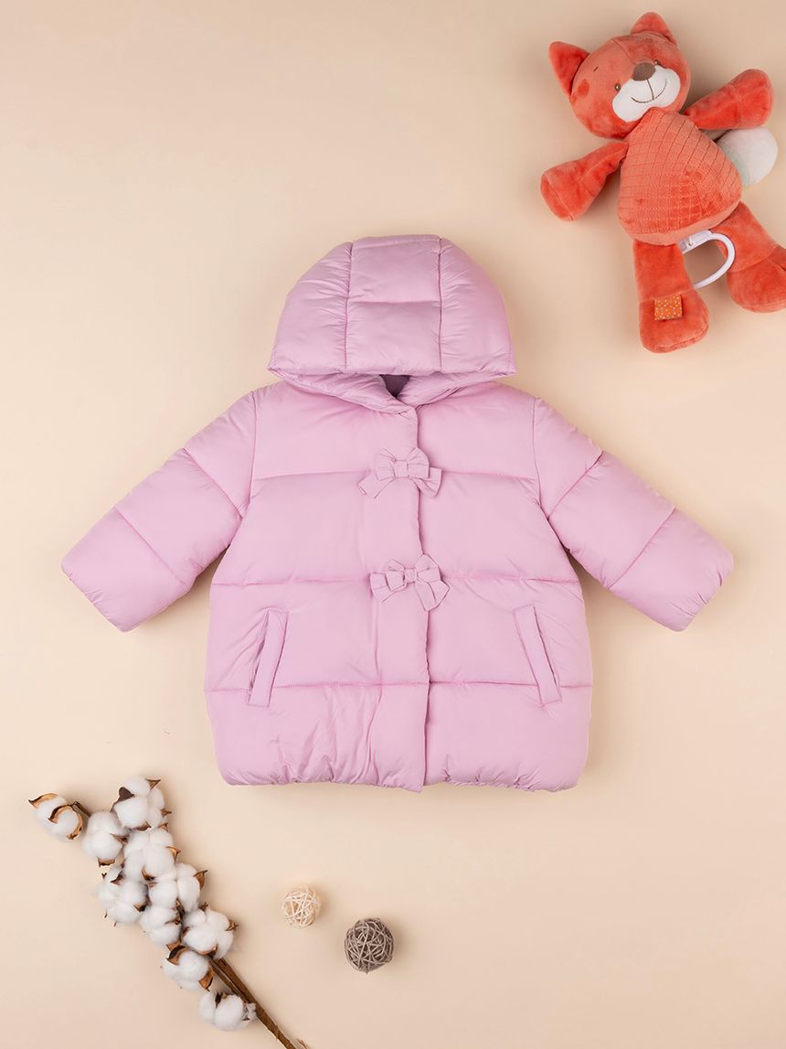 βρεφικό μπουφάν puffer ροζ με φιογκάκια για κορίτσι - Prénatal
