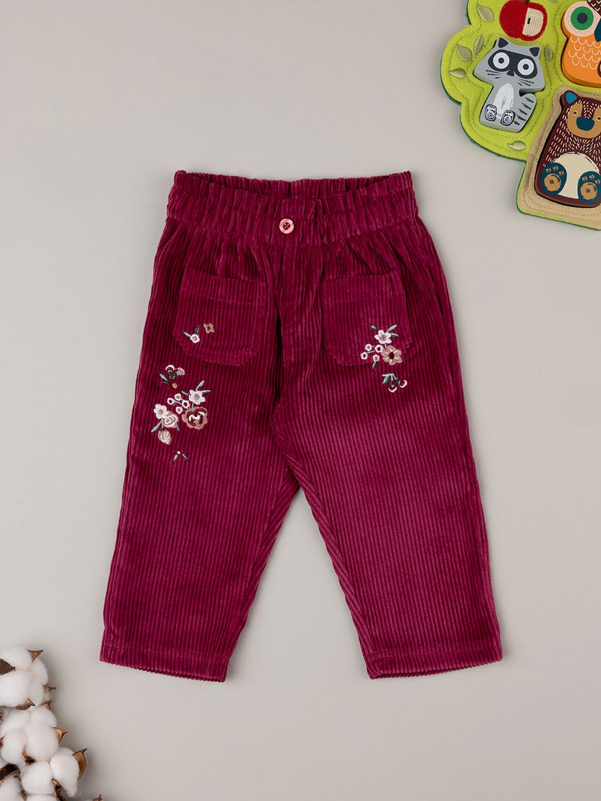 βρεφικό παντελόνι βελουτέ μπορντώ με λουλούδια για κορίτσι - Prénatal