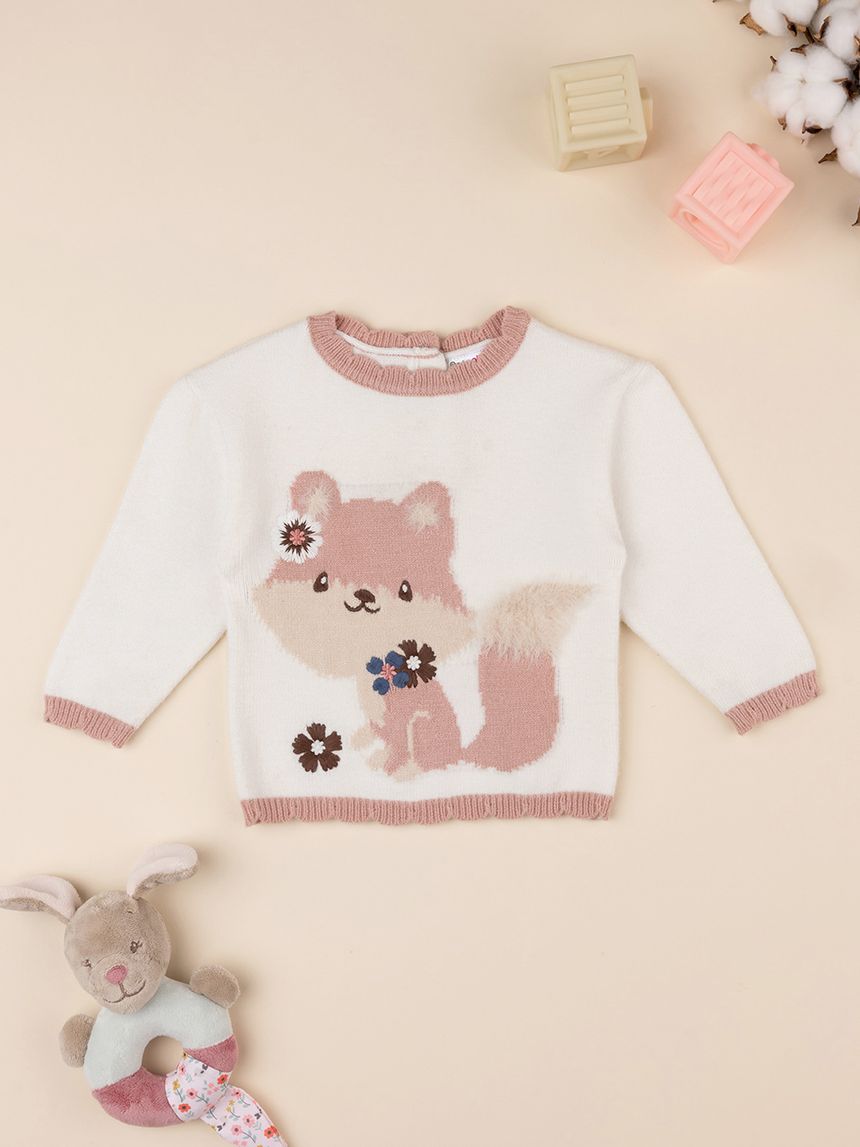 βρεφικό πουλόβερ λευκό με αλεπού για κορίτσι - Prénatal
