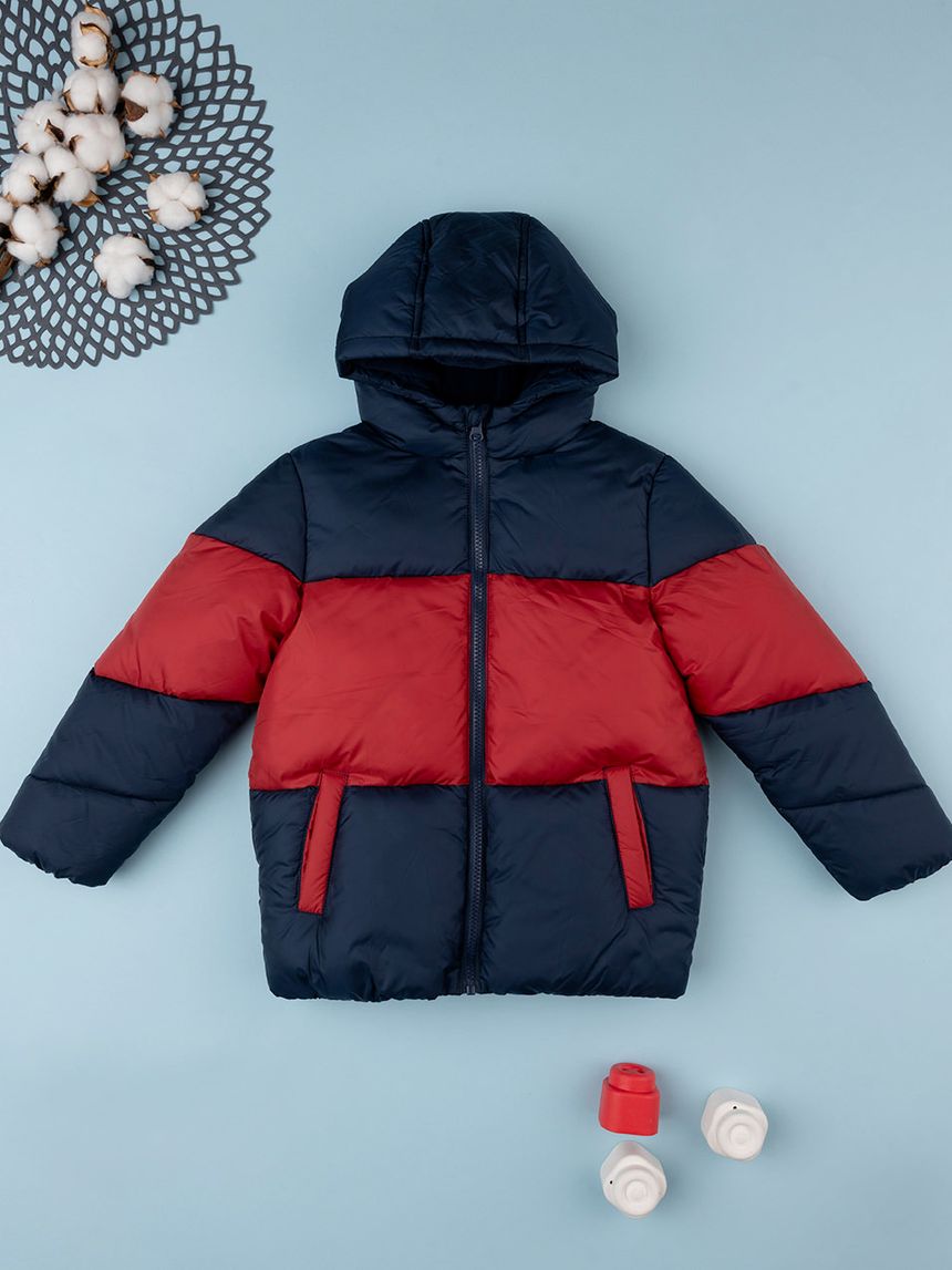 παιδικό μπουφάν φουσκωτό colorblock μπλε/κόκκινο για αγόρι - Prénatal