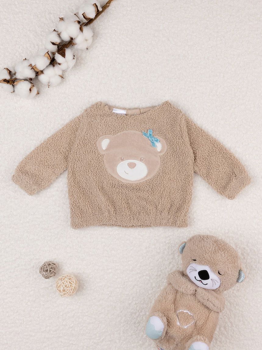 βρεφική μπλούζα φούτερ μπουκλέ καφέ teddy για κορίτσι - Prénatal