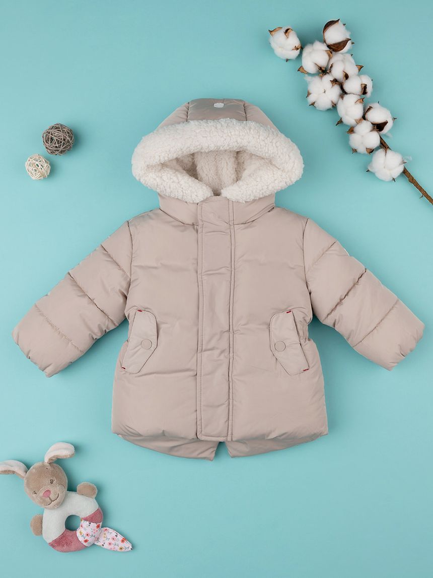 βρεφικό μπουφάν puffer μπεζ με φιογκάκια για κορίτσι - Prénatal