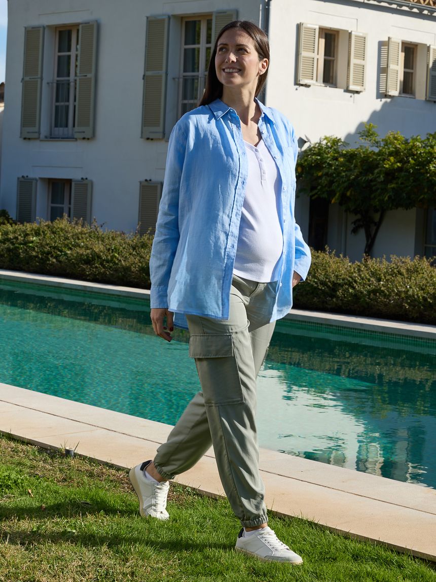 γυναικείο πουκάμισο εγκυμοσύνης/θηλασμού λινό γαλάζιο - Prénatal