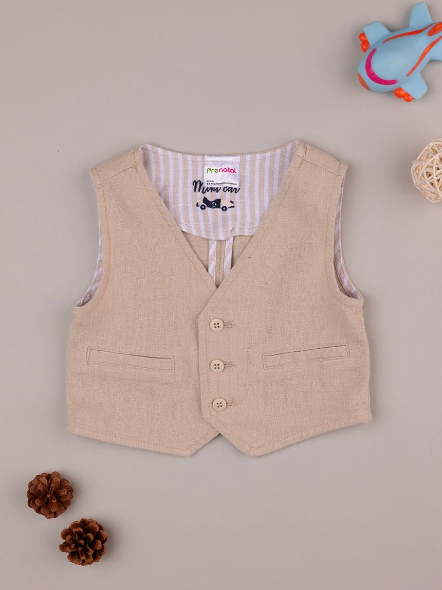 βρεφικό γιλέκο λινό μπεζ mini car για αγόρι - Prénatal