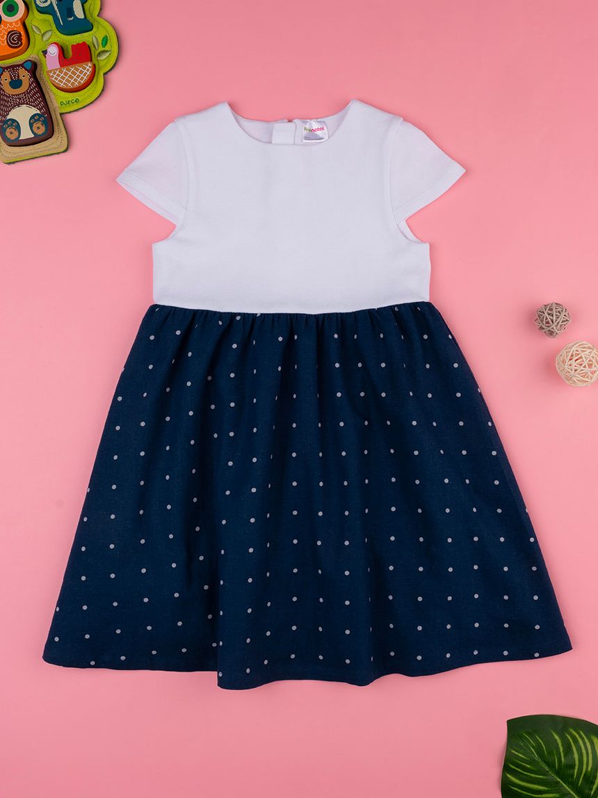 παιδικό φόρεμα λινό λευκό/μπλε πουά για κορίτσι - Prénatal
