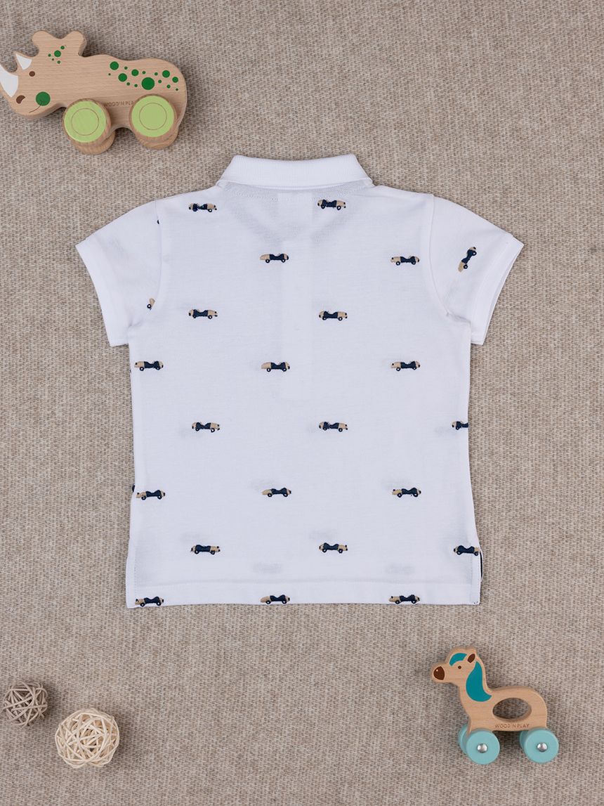 βρεφικό t-shirt πόλο πικέ λευκό με αυτοκινητάκια για αγόρι - Prénatal