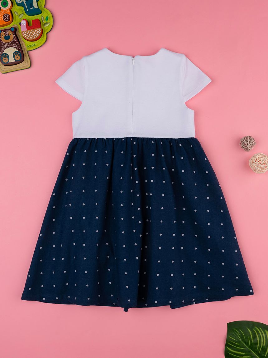 παιδικό φόρεμα λινό λευκό/μπλε πουά για κορίτσι - Prénatal