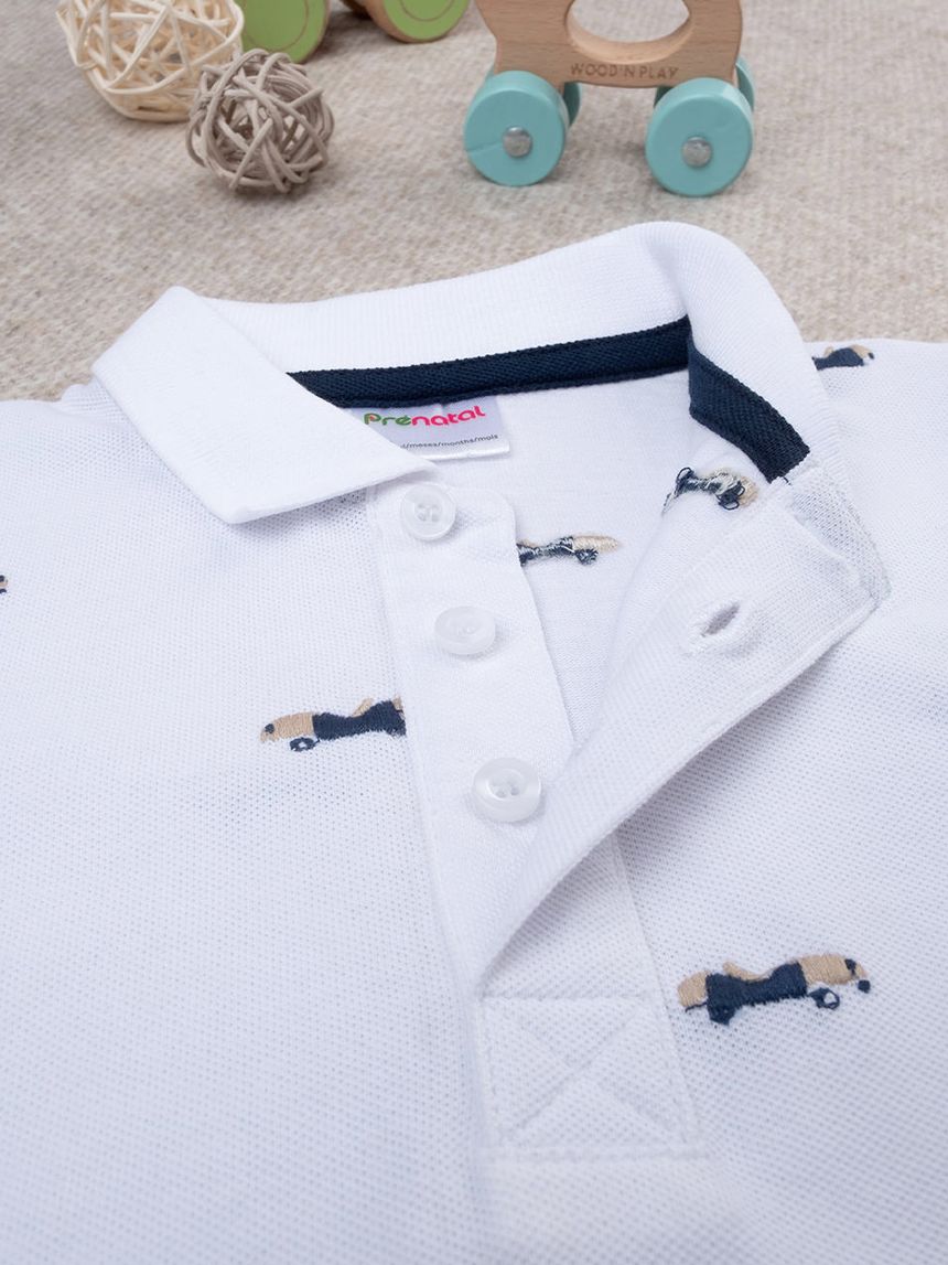 βρεφικό t-shirt πόλο πικέ λευκό με αυτοκινητάκια για αγόρι - Prénatal