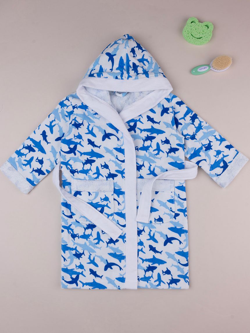 παιδικό μπουρνούζι σενίλ λευκό με καρχαρίες για αγόρι - Prénatal