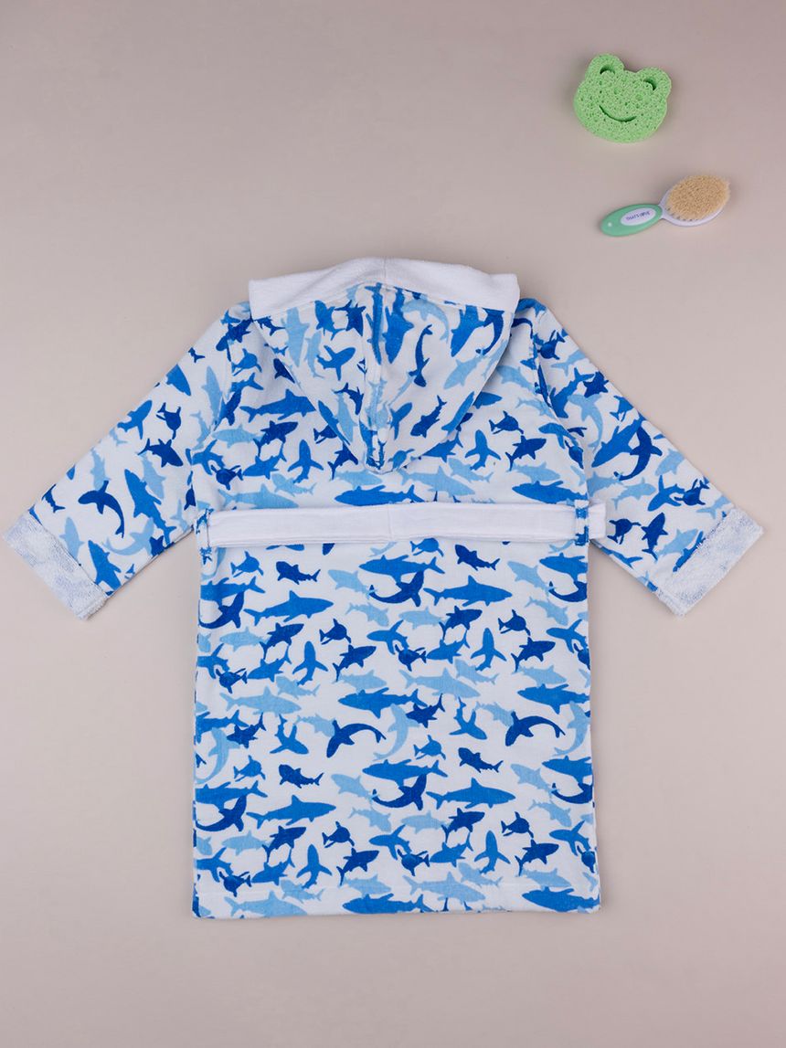 παιδικό μπουρνούζι σενίλ λευκό με καρχαρίες για αγόρι - Prénatal