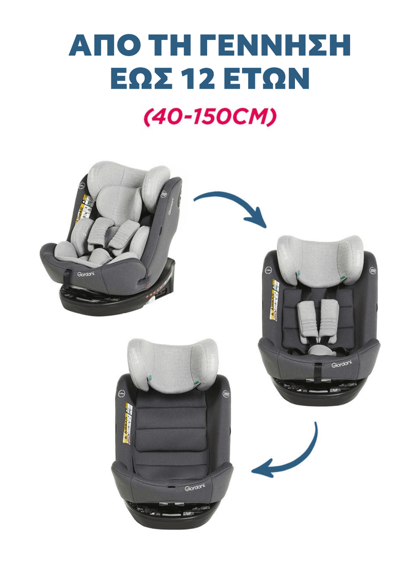 Giordani κάθισμα αυτοκινήτου titano i-size (40-150cm) 360° isofix γκρι ανοιχτό - Giordani