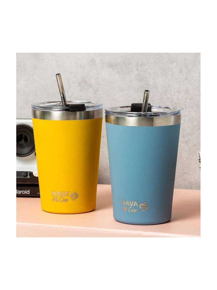 Nava θερμός ποτήρι με ανοξείδωτο καλαμάκι "we care" μπλε 450ml - Nava