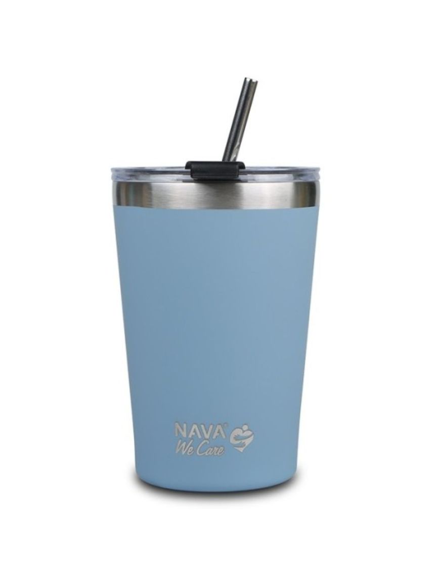 Nava θερμός ποτήρι με ανοξείδωτο καλαμάκι "we care" μπλε 450ml - Nava