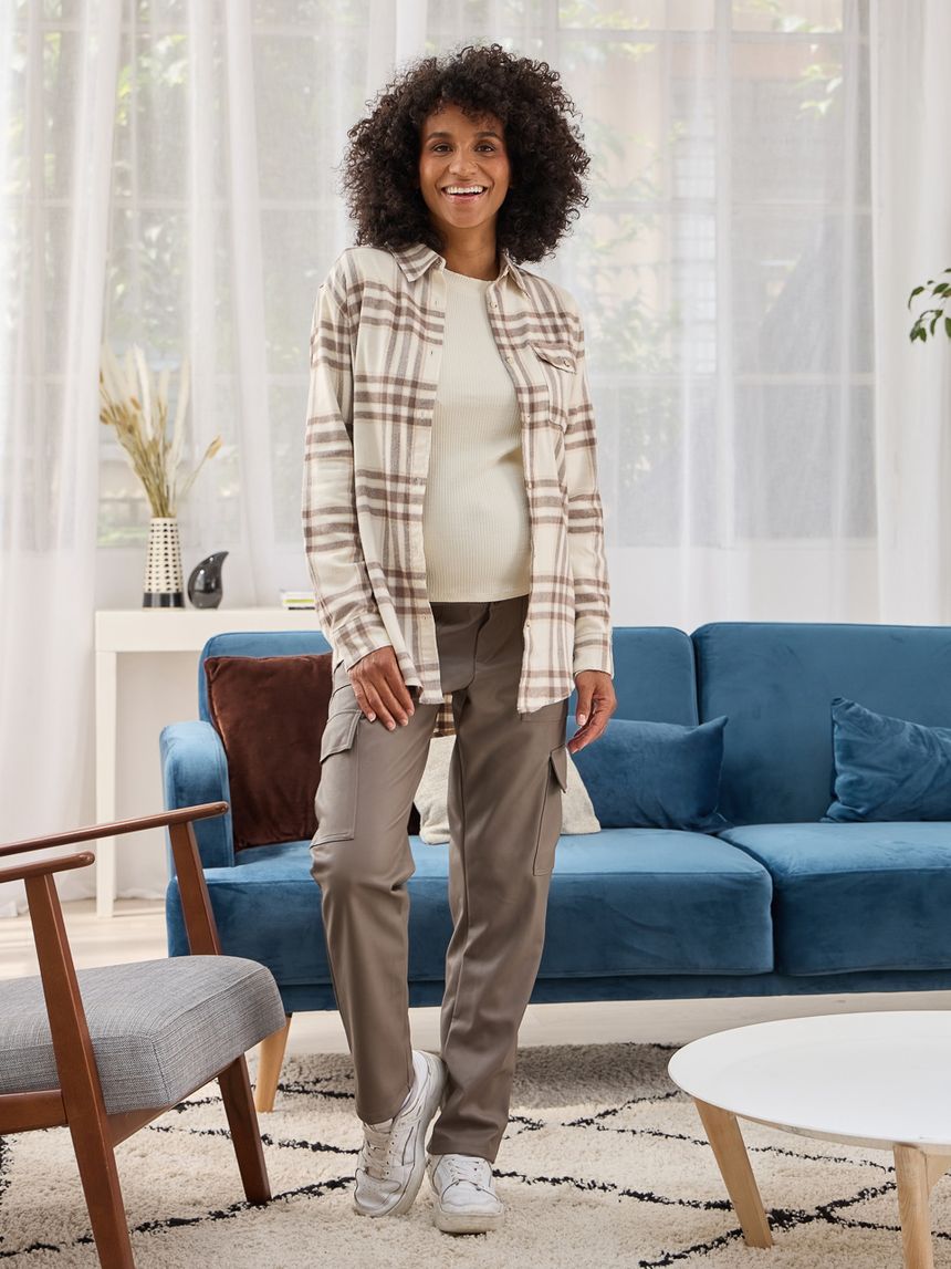 γυναικείο πουκάμισο εγκυμοσύνης/θηλασμού καφέ tartan - Prénatal