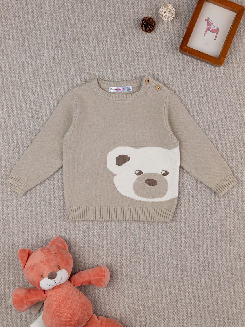 βρεφικό πουλόβερ μπεζ με αρκουδάκι για αγόρι - Prénatal