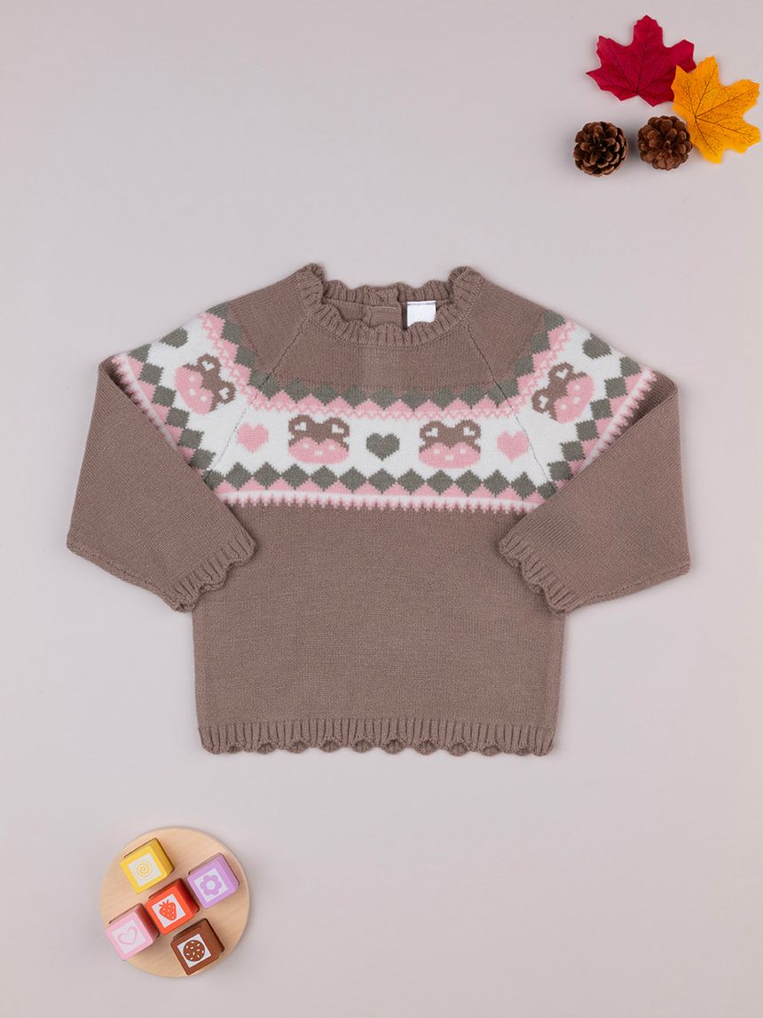 βρεφικό πουλόβερ καφέ με αρκουδάκια για κορίτσι - Prénatal