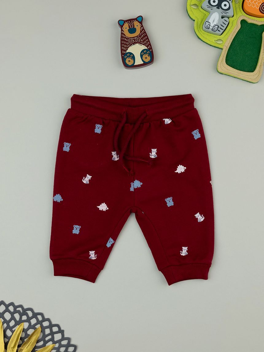 βρεφικό παντελόνι φούτερ μπορντώ με αρκουδάκια για αγόρι - Prénatal