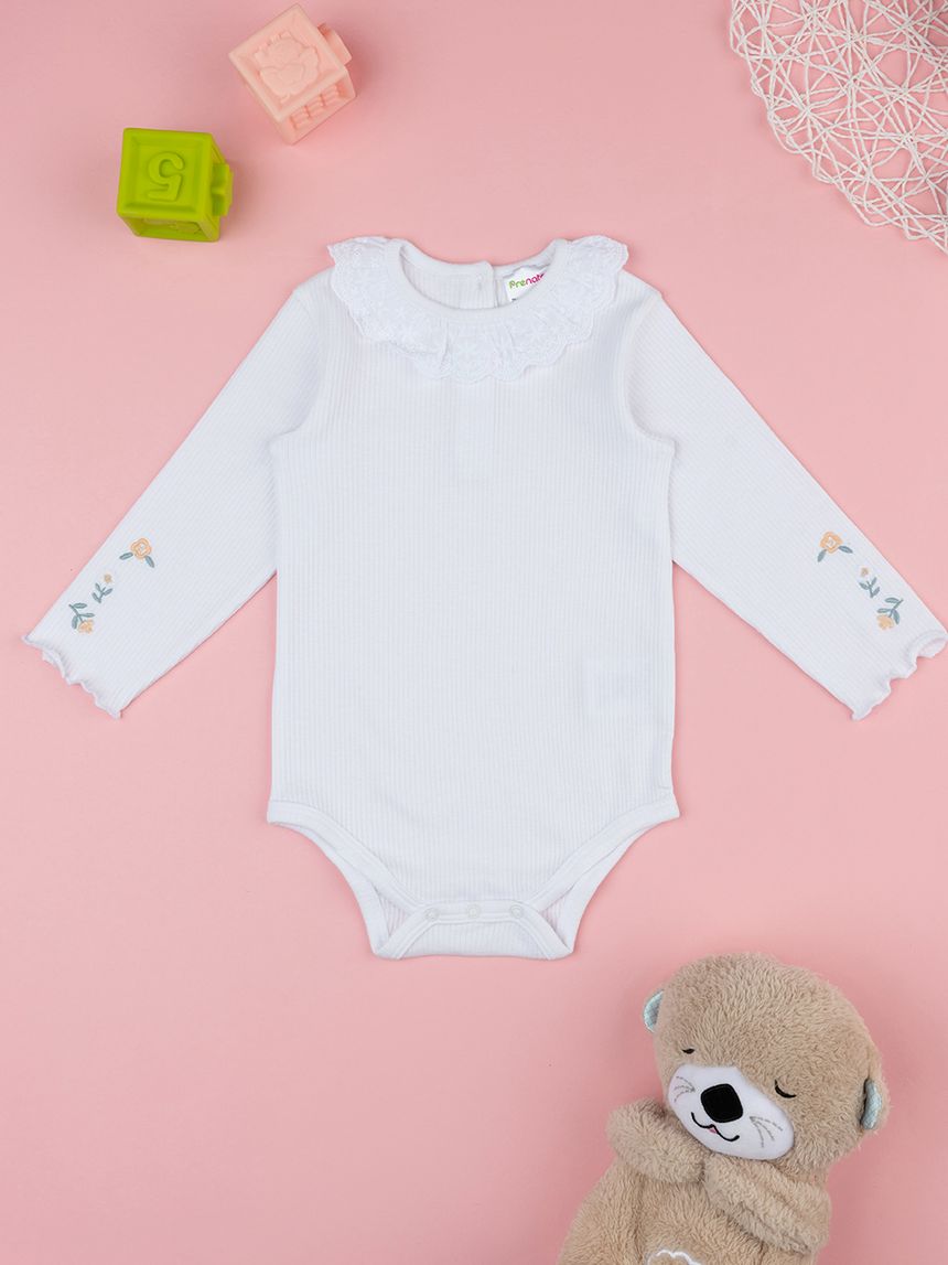 βρεφικό κορμάκι λευκό ριμπ με λουλούδια για κορίτσι - Prénatal